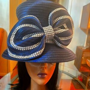 Elegant Navy Blue Women's Hat with Rhinestone Accents